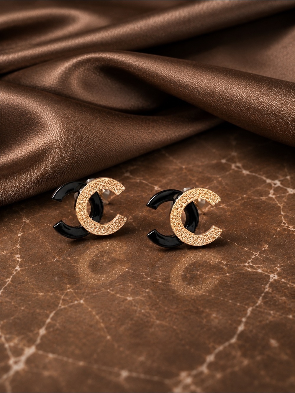 Rose Gold and Black Interlocking C Stud Earrings